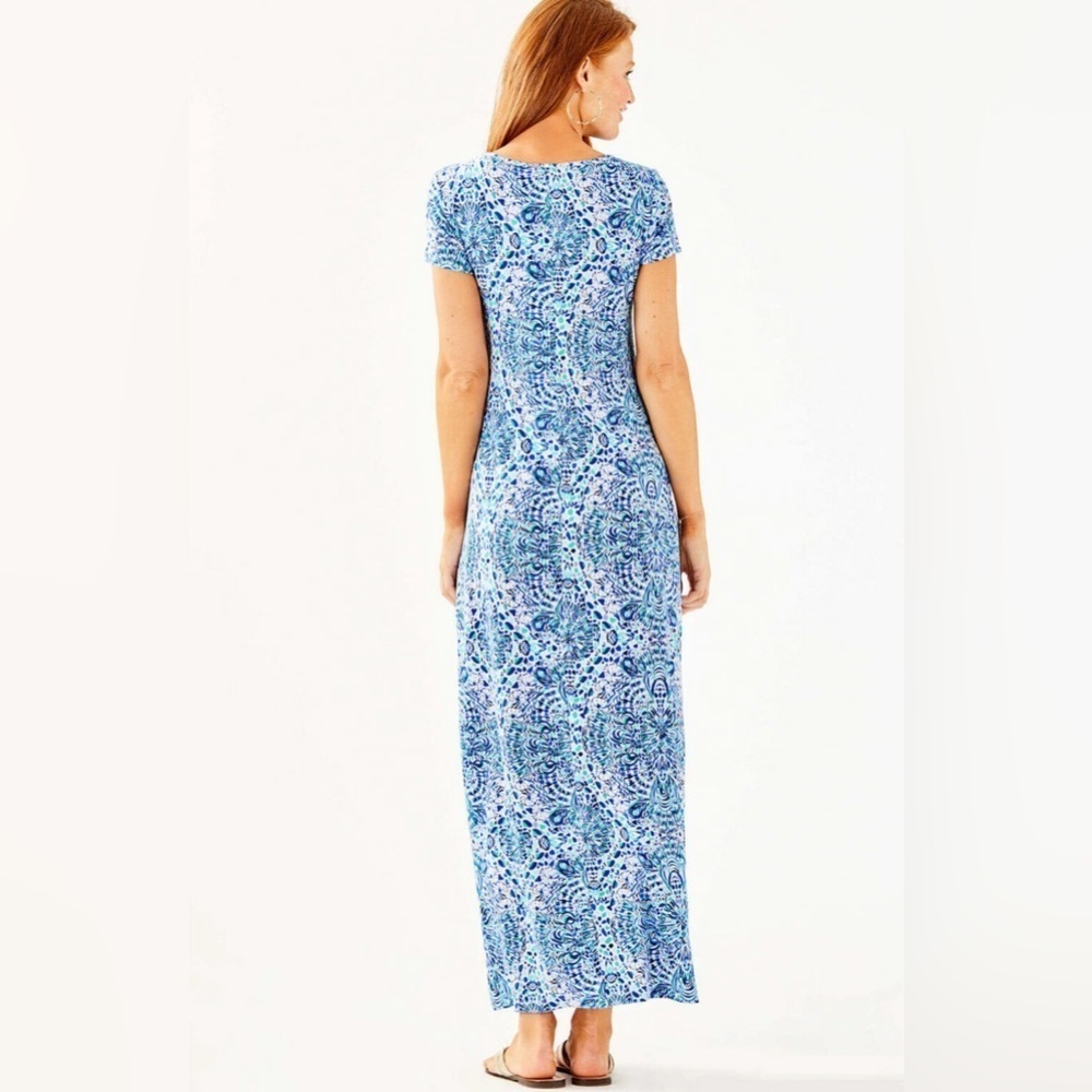 New Lilly Pulitzer Blue Floral Maxi Dress Pima Cotton Short Sleeve Size S - Picture 3 of 11